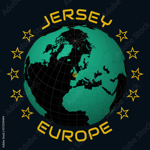 Jersey on Globe. Round country and continent name text. Country view on world map in Black Emerald color palette. Jersey shape on map. Amazing vector illustration.