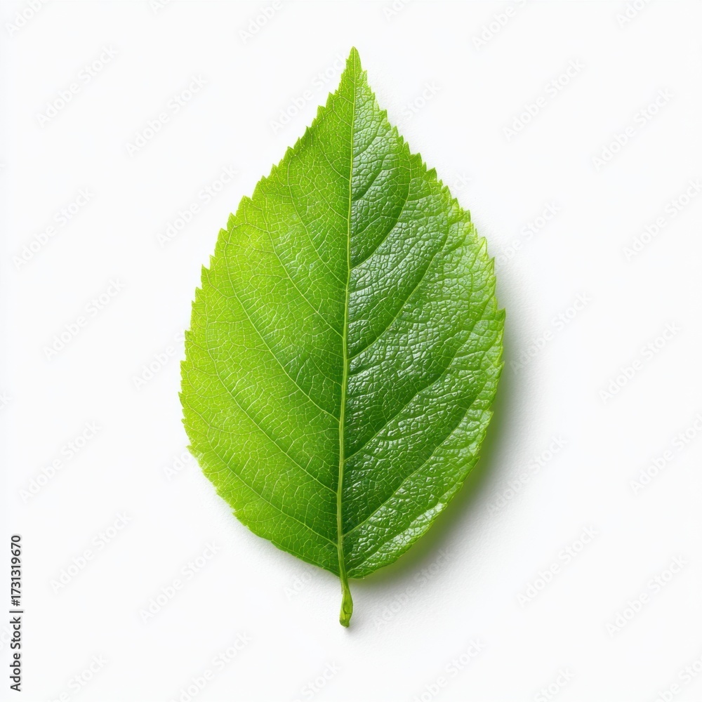 Obraz premium A vibrant green leaf showcases intricate details, textures, and veins, against a clean , perfect for nature.