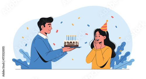 A man is presenting a birthday cake to a surprised girl wearing a party hat.