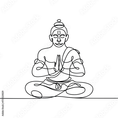 Continuous Simple black line art drawing of a lord hanuman in a minimalist style on a white background.