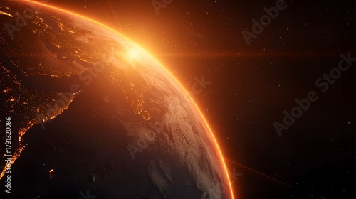 The image depicts a detailed view of Earth from space, brilliantly lit with the golden glow of sunrise, contrasted against the dark backdrop of the cosmos and city lights.