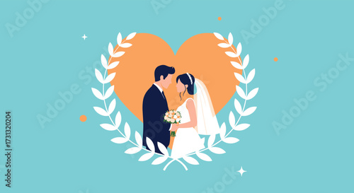 A loving couple embracing in front of a large heart surrounded by a laurel wreath celebrating their special day.
