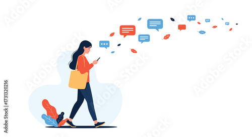 A person walking while using a smartphone with speech bubbles floating above her head representing communication and social media.
