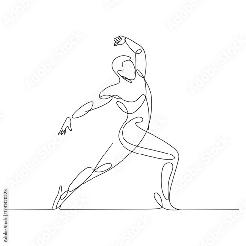 Continuous Simple black line art drawing of a Gymnast dancer in a minimalist style on a white background.