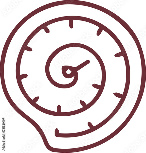 Minimalist maroon clock design depicting the winding journey of moments and progression