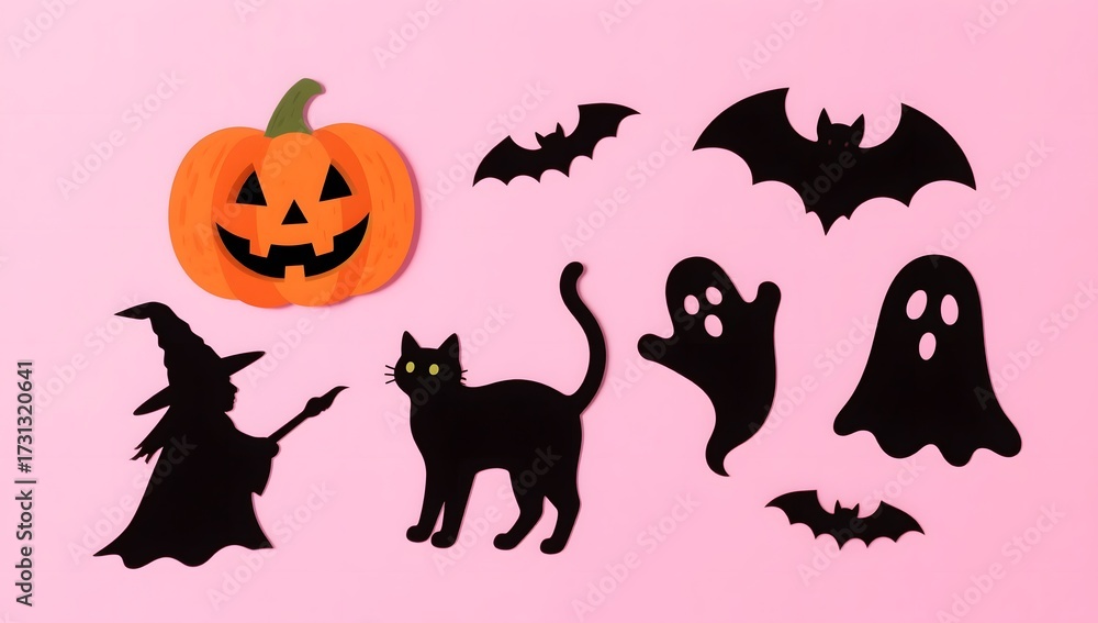 Fototapeta premium Spooky Halloween Decorations with Pumpkin, Witch, Cat, and Ghosts