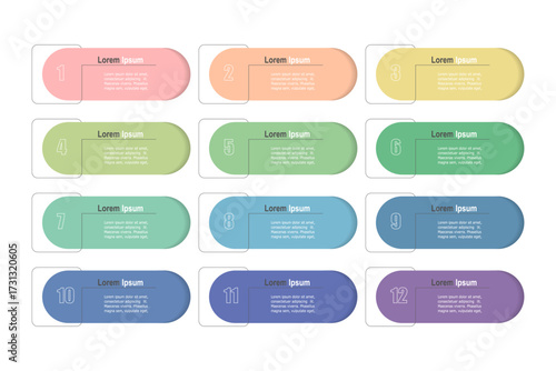 For business concept with 12 steps infographics, multicolor rectangle shape with , design for workflow layout, diagram, annual report, web design. vector illustration