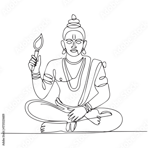 Continuous Simple black line art drawing of a lord shiva in a minimalist style on a white background.