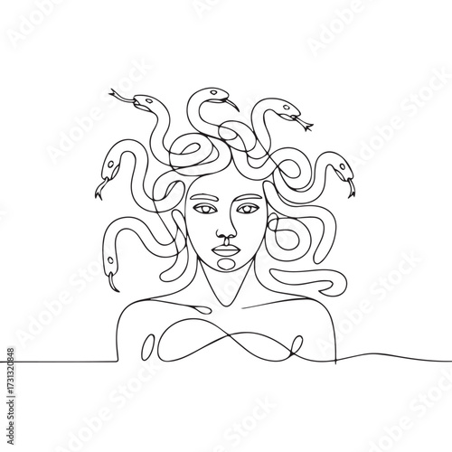 Continuous Simple black line art drawing of a Medusa in a minimalist style on a white background.