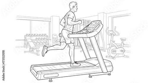 Black Line Drawing of a Man on Treadmill – High Quality Gym Fitness Illustration in Minimalist Vector Style