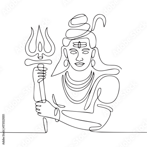 Continuous Simple black line art drawing of a lord shiva in a minimalist style on a white background.