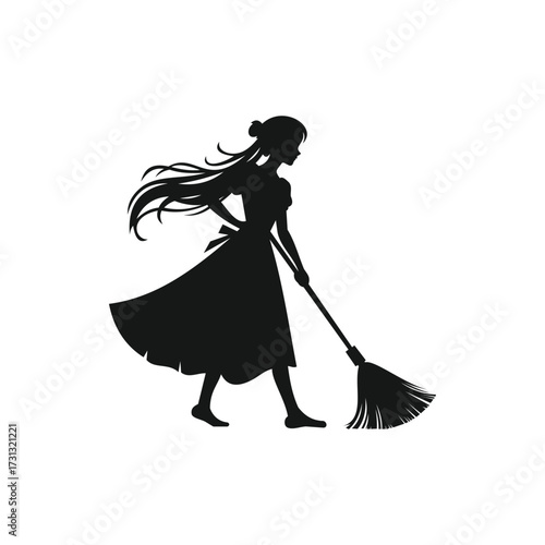Vector Silhouette of Woman Sweeping