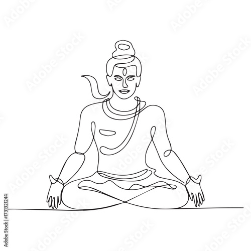 Continuous Simple black line art drawing of a lord shiva in a minimalist style on a white background.