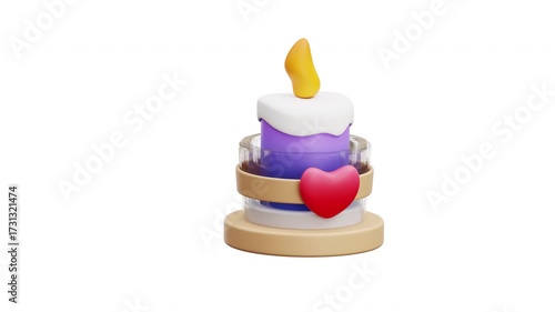 3D Animation of a purple candle with heart decoration and glowing flame, perfect for valentine, wedding, romantic dinner, and anniversary themes