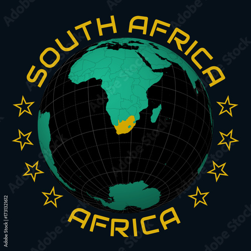 South Africa on Globe. Round country and continent name text. Country view on world map in Black Emerald color palette. South Africa shape on map. Amazing vector illustration.