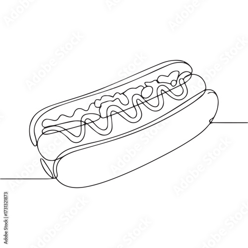 Continuous Simple black line art drawing of a hotdog in a minimalist style on a white background.
