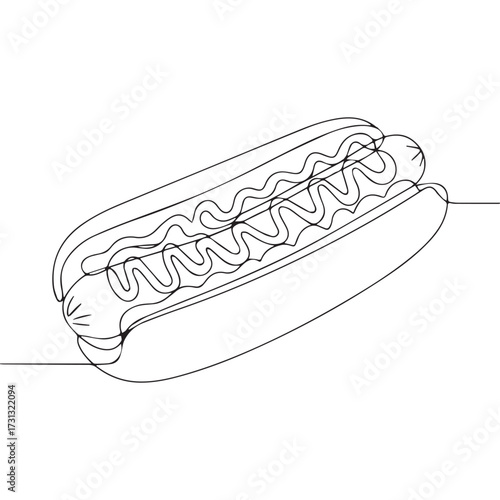 Continuous Simple black line art drawing of a hotdog in a minimalist style on a white background.