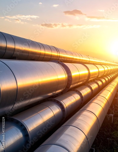 Sunset illuminates a network of large, metallic pipelines extending to the horizon
