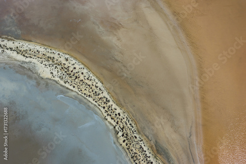 Aerial view of a salt lake with graphical pattern around Karara in the Murchison Region, Western Australia