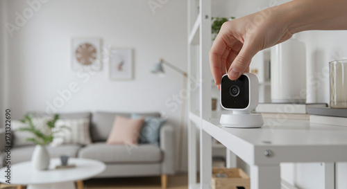 A person adjusts a small indoor smart camera used for home security and monitoring. Concept of an indoor IoT security camera.