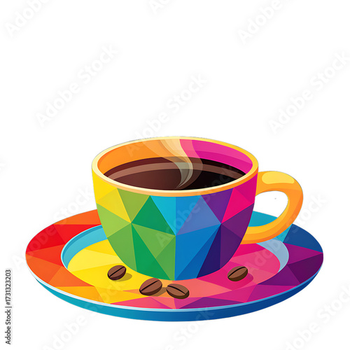 Colorful geometric patterned coffee cup and saucer with coffee beans isolated on transparent background isolated on white background