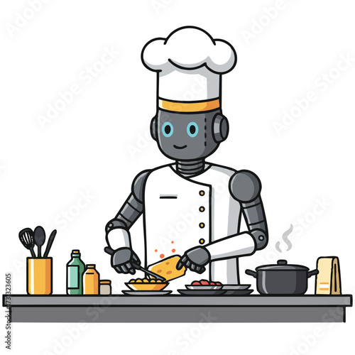 A friendly robot chef in a toque prepares a meal on a kitchen counter, surrounded by vibrant cooking utensils, presented as a flat 2D vector on a white background.