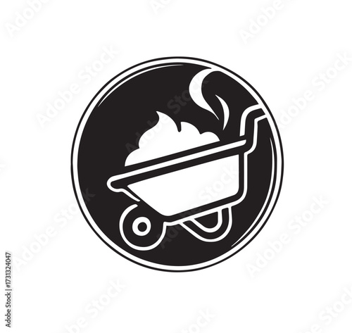 Black and white graphic icon of a wheelbarrow filled with compost or soil with steam rising vector