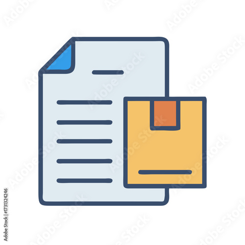 Delivery paperwork icon with parcel in flat illustration style