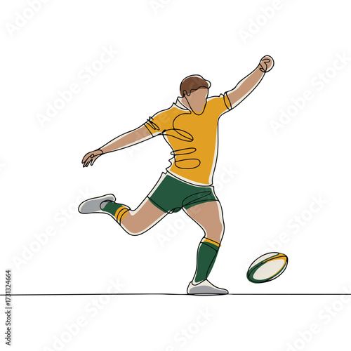 Continuous Simple black line art drawing of a Rugby Player in a minimalist style on a white background.