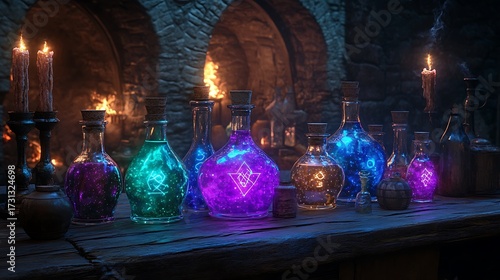 An alchemist's table filled with glowing potion bottles of glowing emerald, amethyst, and sapphire liquids. Ancient wooden surfaces, glowing runes etched into the table.