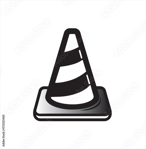 Black and white graphic illustration of a traffic cone with reflective stripes on a white background