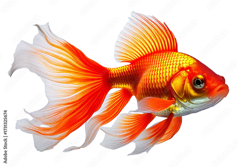 Fototapeta premium Vibrant goldfish with flowing fins and bright scales swims gracefully against isolated on a transparent or white background.