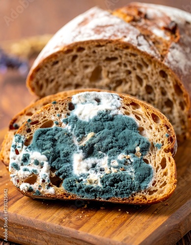 Moldy bread slices on a wooden board