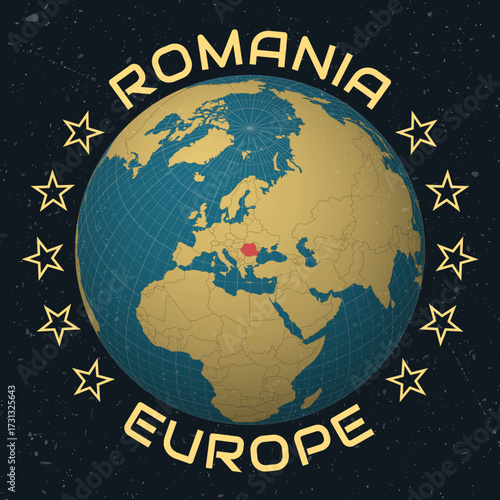 Romania on Globe. Country name round text. Vintage look with grunge scratched texture. Country view on world map in Sky Blue Light Yellow color palette. Romania shape on map.
