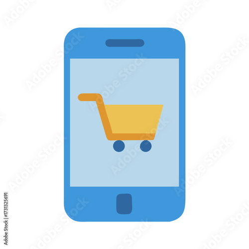 Smartphone online shopping cart on light blue screen graphic