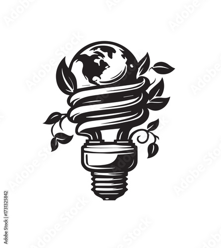 Black and white illustration of a compact fluorescent light bulb with a globe and leaves earth plant