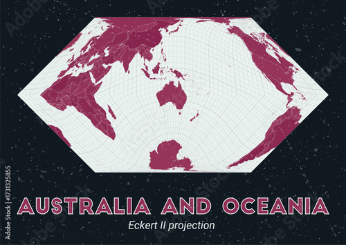 Australia and Oceania. World map. Eckert II projection centered to Australia and Oceania. Pale Mint Dark Pink palette. Vintage texture. Alive vector illustration.
