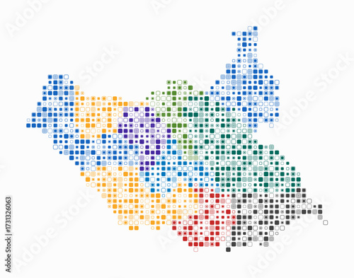 South Sudan, shape of the country build of colored cells. Digital style map of the South Sudan on white background. Small size rounded square blocks. Vibrant vector illustration.
