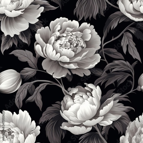 A sophisticated black and white floral pattern featuring large blooms and lush leaves in an elegant monochrome damask st