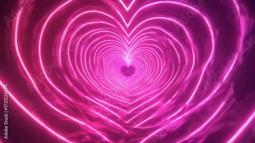 Romantic neon heart tunnel loop animation with bright glow and dreamy smoke effect, a sweet escape