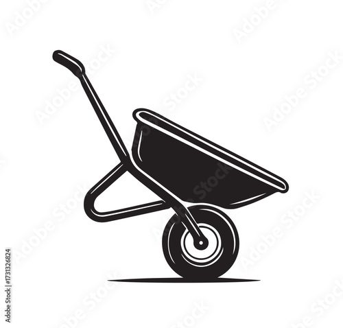 Black silhouette of a garden wheelbarrow with a single wheel and handles on a white background gardening