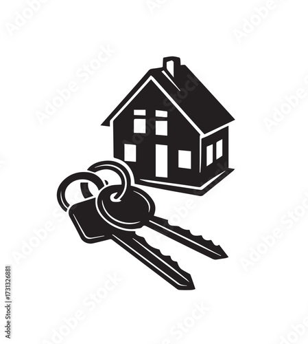 Black silhouette of a house with two keys on a white background home real estate