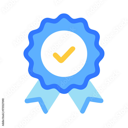Blue quality rosette badge with golden check mark symbol