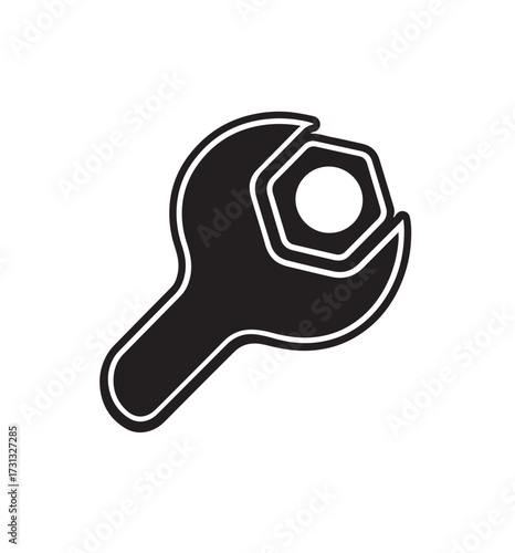 Black silhouette of a wrench gripping a hexagonal nut on a white background bolt tool