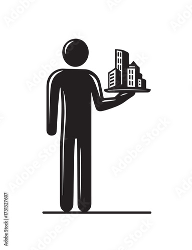 Silhouette figure holding tray with miniature city buildings and skyscrapers person woman