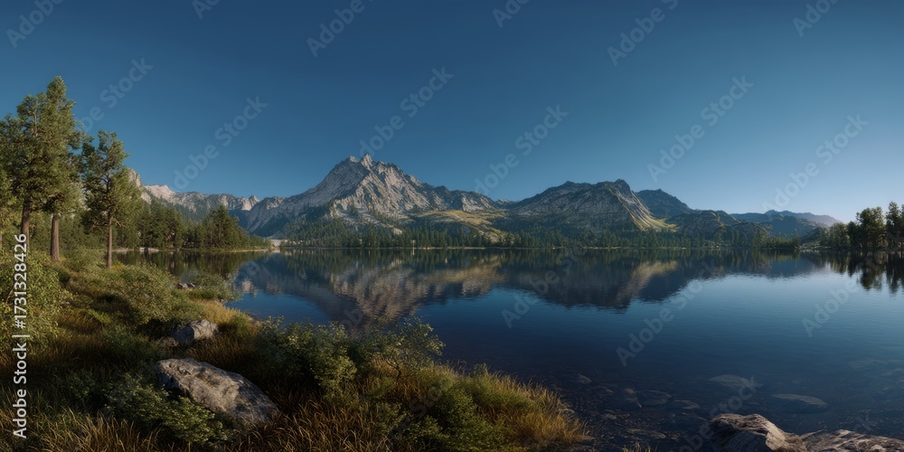 Fototapeta premium Majestic mountain reflection scenic lake hdr panorama nature serene view