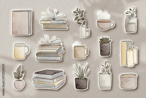 Cozy Lifestyle Sticker Set with Books, Plants and Coffee Cups