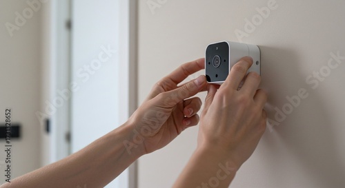 A person is installing a smart home security camera on a wall for video surveillance. Concept of a DIY smart home security system.