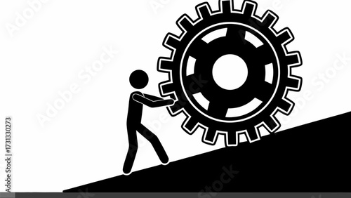 Stick figure pushing gear uphill symbolizes hard work, determination, and overcoming challenges in business or personal growth journey