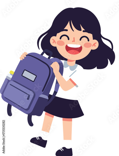 Excited cartoon schoolgirl holding her purple rucksack with joy